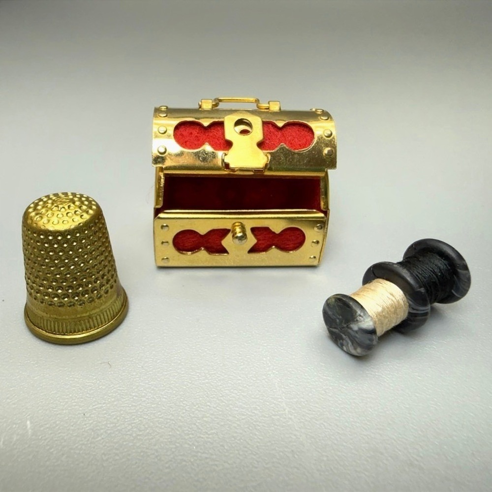 Vintage Gold Tone Miniature Treasure Chest Thimble and Sewing Thread 1.5" Italy